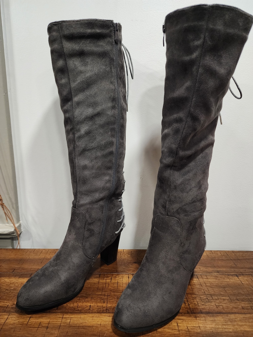 Dream Pairs Midlace-2 Gray Faux Suede Knee High Boots Lace Up Block Heel Size 9